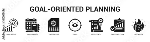 GoalOriented Planning Modern and clean web banner illustration featuring thematic icons for visual communication