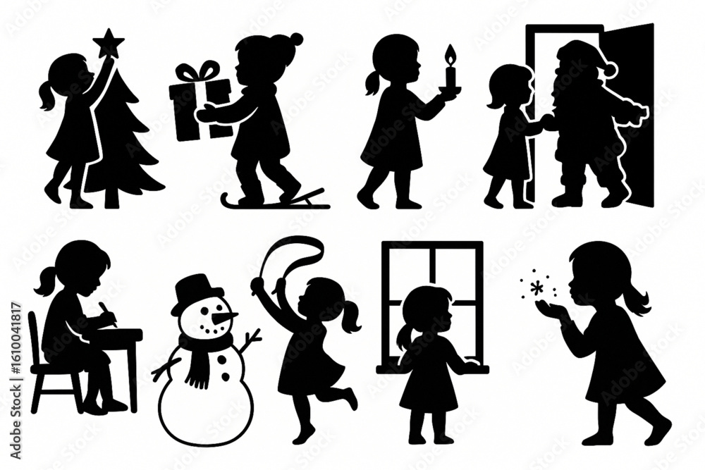 Fototapeta premium Christmas Child Silhouette Icons, Flat Design Festive Kids Set