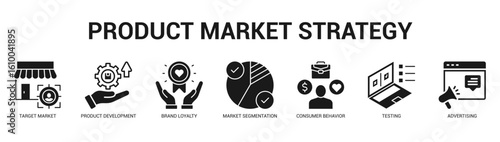 Product Market Strategy Modern and clean web banner illustration featuring thematic icons for visual communication