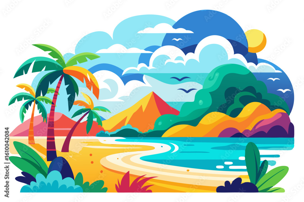 Obraz premium Vibrant vector illustration of a tropical beach with golden sand, turquoise ocean waves, and lush palm trees under a bright blue sky.