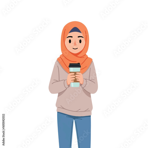 A smiling woman wearing a hijab holds a coffee cup with both hands.