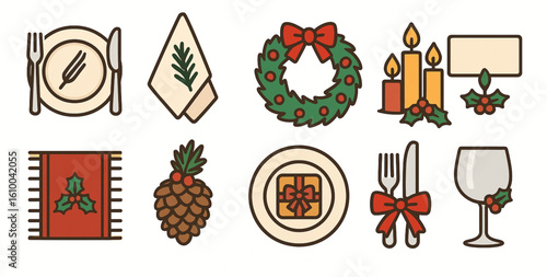 Christmas Table Décor Icons, Flat Coloring Festive Dining Set