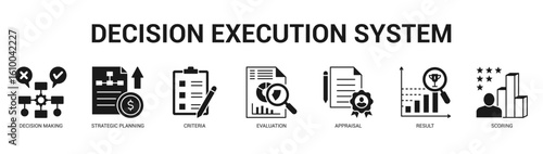 Decision Execution System Modern and clean web banner illustration featuring thematic icons for visual communication