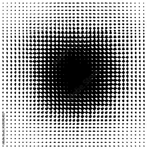Black and white halftone pattern with a central dark area surrounded by smaller dots in a square grid