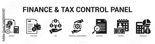 Finance and Tax Control Panel Modern and clean web banner illustration featuring thematic icons for visual communication