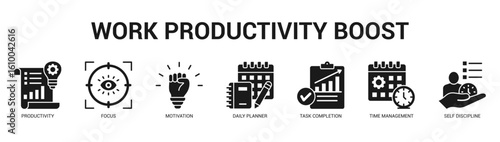 Work Productivity Boost Modern and clean web banner illustration featuring thematic icons for visual communication