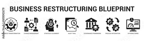Business Restructuring Blueprint Modern and clean web banner illustration featuring thematic icons for visual communication