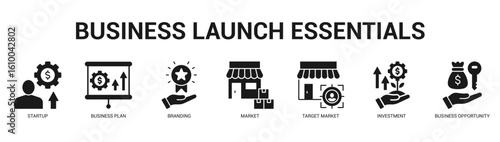 Business Launch Essentials Modern and clean web banner illustration featuring thematic icons for visual communication