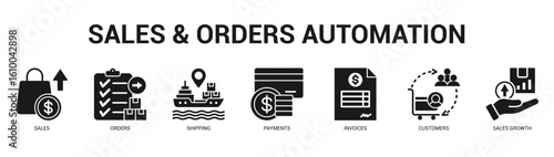 Sales and Orders Automation Modern and clean web banner illustration featuring thematic icons for visual communication