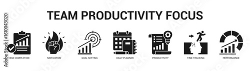 Team Productivity Focus Modern and clean web banner illustration featuring thematic icons for visual communication