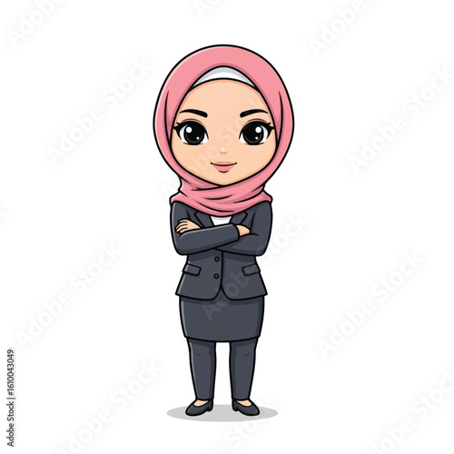 Cartoon illustration of a confident Muslim businesswoman in a hijab and suit.