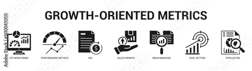 GrowthOriented Metrics Modern and clean web banner illustration featuring thematic icons for visual communication