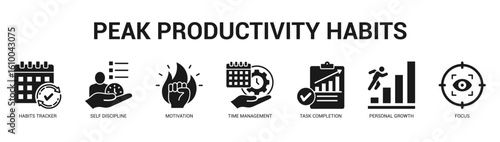 Peak Productivity Habits Modern and clean web banner illustration featuring thematic icons for visual communication