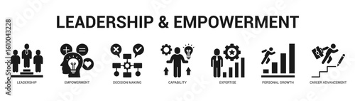 Leadership and Empowerment Modern and clean web banner illustration featuring thematic icons for visual communication