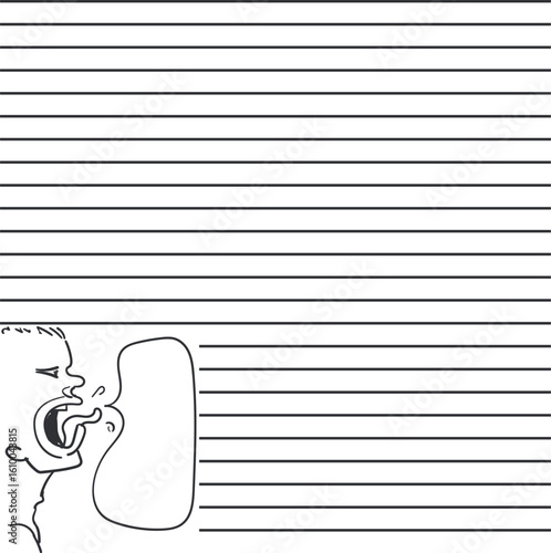 A lined notebook page with a drawing of a screaming character's head at the bottom.