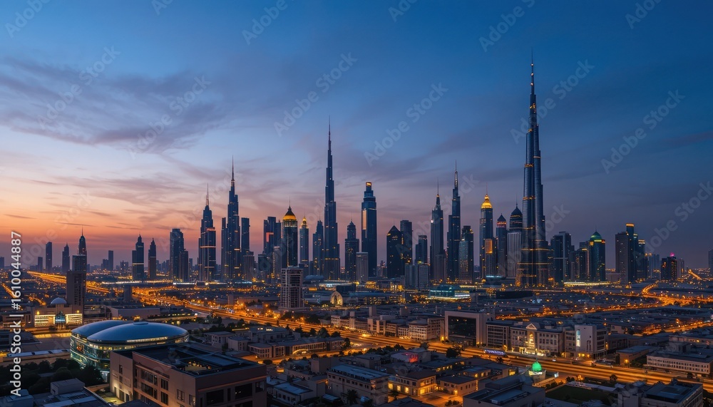 Fototapeta premium Dubai Skyline at Dusk: A Breathtaking Panorama of Modern Architecture