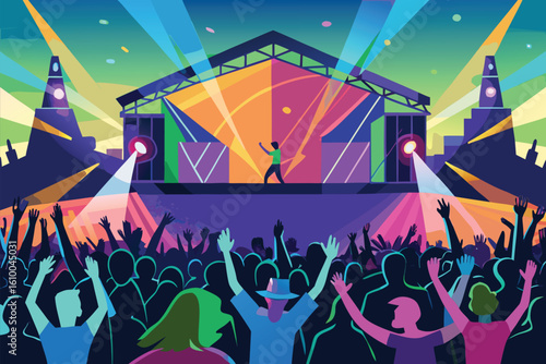 Vibrant Music Festival Crowd Under Colorful Stage Lights
