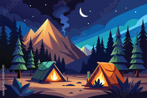 Scenic illustration of two tents at night in a forested mountain area, illuminated by a gentle fire and surrounded by stars and a crescent moon overhead.