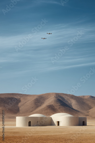military drone base under dome in vast desert featuring advanced ai coordination