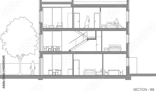 Architectural cross section drawing of a modern multi story residential building with interior details and exterior tree