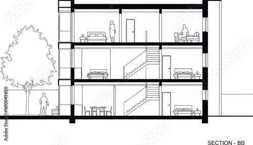 Architectural cross section drawing of a modern three story residential building with interior details and surrounding landscape elements