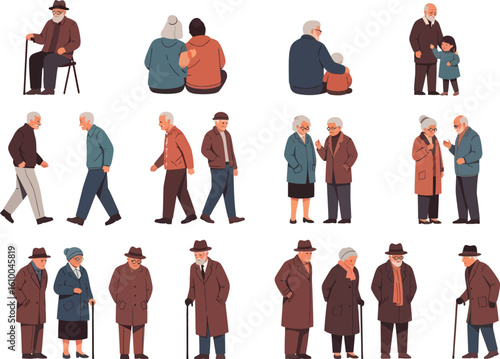 Collection of diverse elderly people in various poses and interactions representing different aspects of senior life and aging with dignity