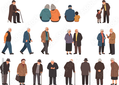 Collection of diverse elderly people in casual winter clothing some with canes and walkers representing active seniors and community