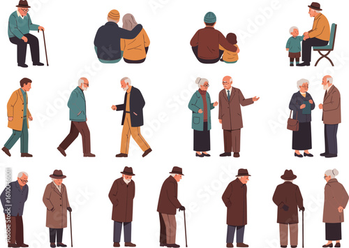 Collection of diverse elderly people in various poses and activities representing aging and companionship