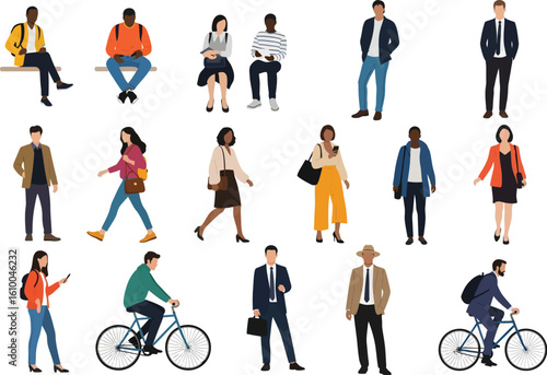 Diverse group of people in various casual and formal attire engaged in everyday activities against a white background