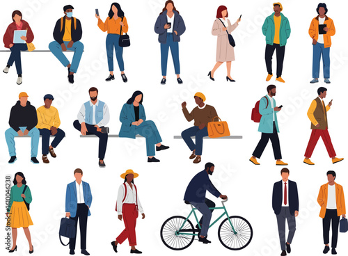 Diverse group of people in casual clothing engaged in various activities and poses isolated on a white background