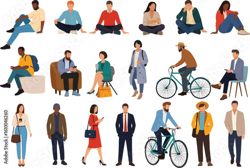 Diverse group of people in casual clothing engaged in various activities like sitting standing and cycling presented in a flat design style