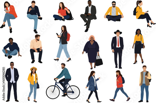 Diverse group of casually dressed people in various poses and activities against a clean white background