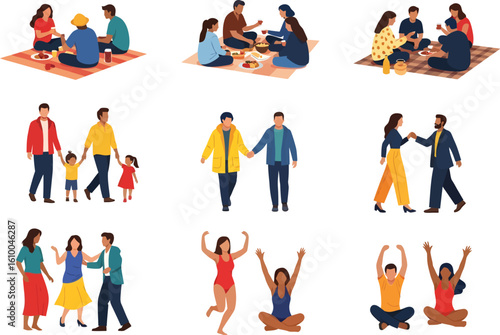 Diverse group of people enjoying various outdoor activities and social gatherings in a stylized illustration