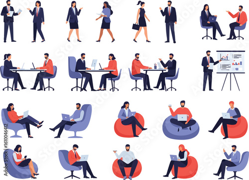 Collection of diverse business people engaged in various professional activities and discussions in a modern office setting