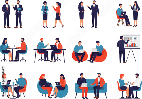 Diverse group of professionals in various business meeting and collaboration scenarios illustrating teamwork and communication