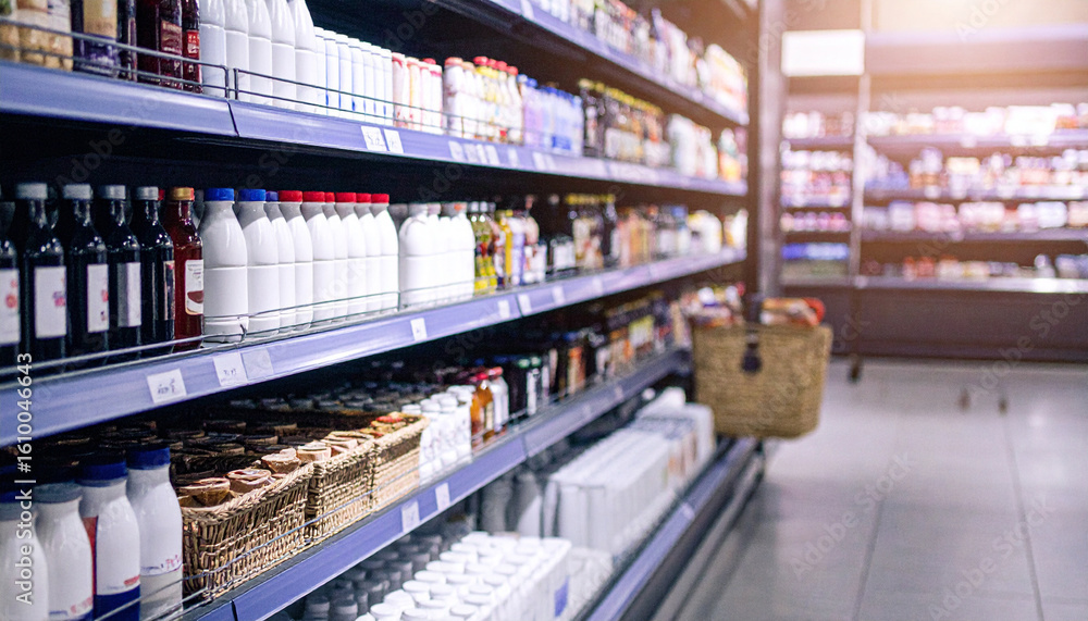 Fototapeta premium Symmetrical supermarket aisle and shelves with products. Generated Image
