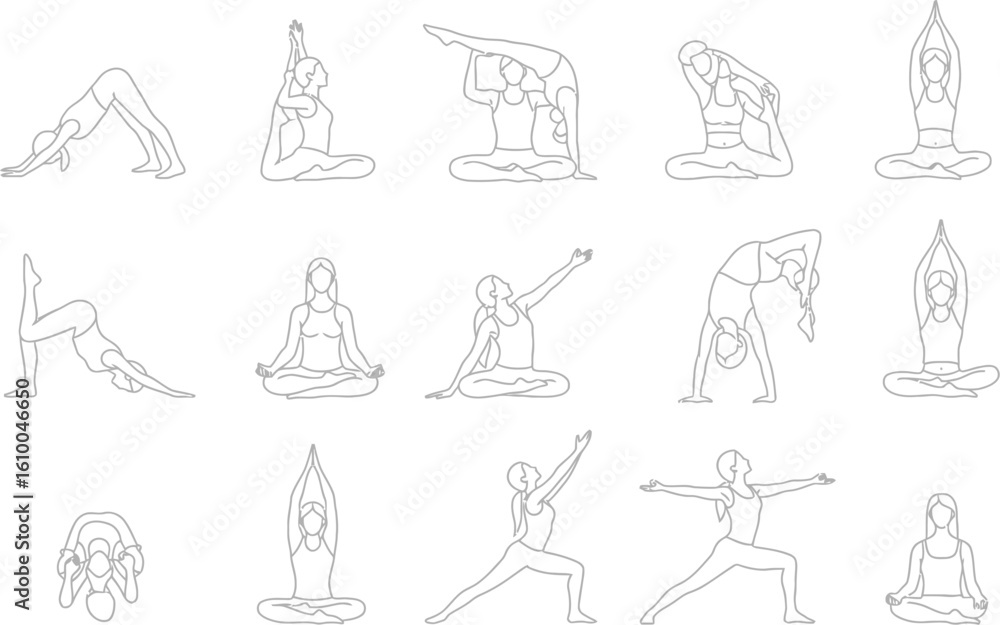 Obraz premium Collection of hand drawn line art illustrations depicting various yoga poses and meditation postures for wellness and mindfulness