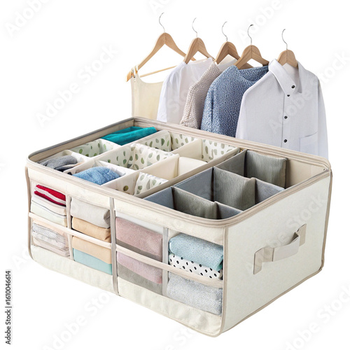 Versatile underbed storage organizer with adjustable dividers for neatly arranging clothes, socks, and underwear in a closet.