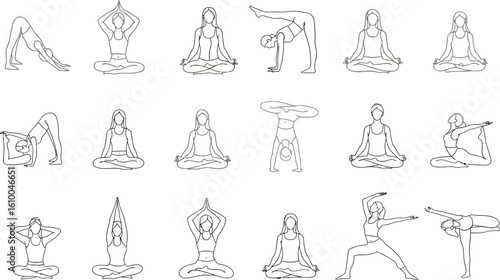Collection of diverse yoga poses and meditation postures drawn in a simple elegant line art style on a white background