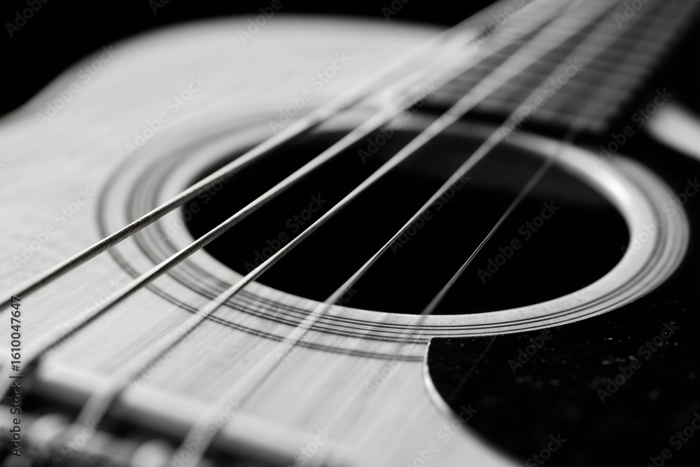 Fototapeta premium Close-up Black and White Acoustic Guitar Strings and Sound Hole Detail