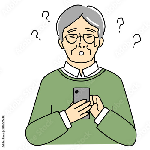 スマホを見て疑問に思う高齢の男性のイラスト