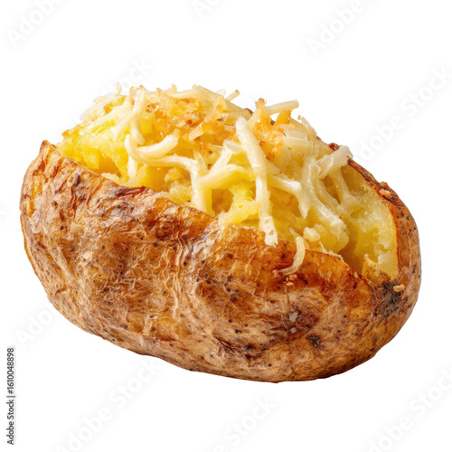 Golden baked potato topped with melted cheese shredded, Isolated On White, Png Transparent, Cut Out