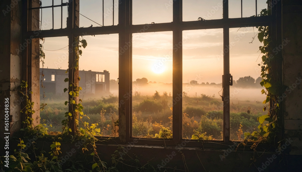 Fototapeta premium Old abandoned factory overgrown by vines, . Generated Image