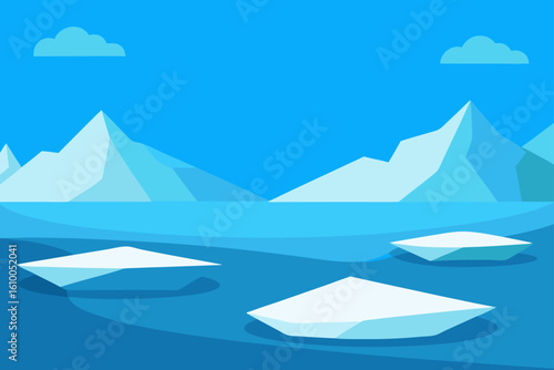 Flat design arctic landscape with icebergs and mountains under a blue sky