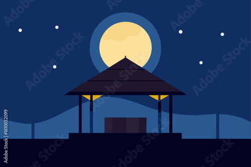 Flat design illustration of a pavilion under a full moon and starry night sky