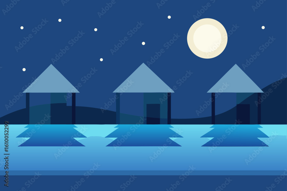 Naklejka premium Three simple houses reflected in water under a starry night sky with a full moon