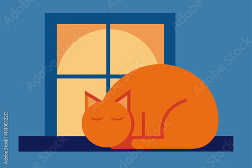 Cozy orange cat sleeping peacefully on a windowsill in front of a window with a warm glow