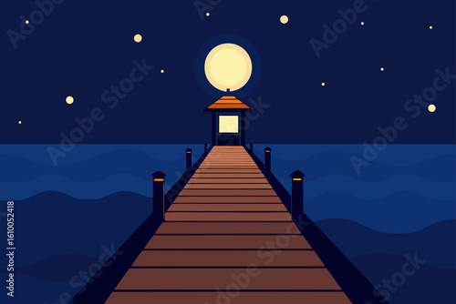 Wooden pier leading to a pavilion under a full moon and starry night sky