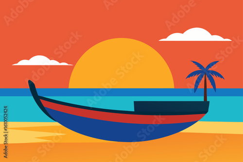 Flat design of a boat on a beach at sunset with a palm tree