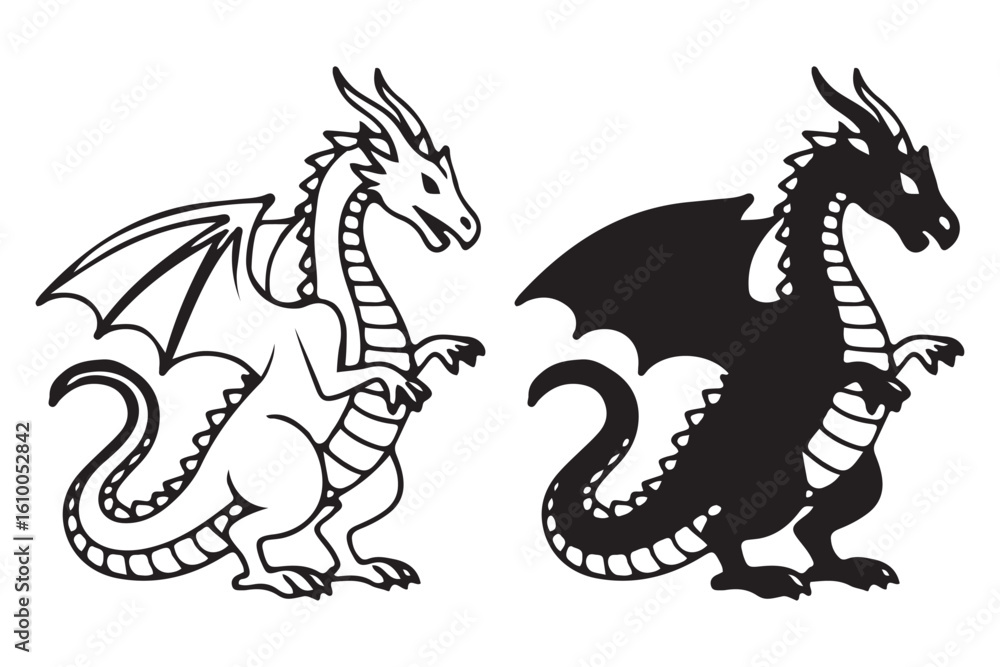 Fototapeta premium Fantasy Dragon Standing Silhouette and Outline Vector